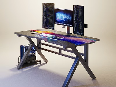 Modern Gaming Desk With Dual Monitors Colorful LED Lighting Keyboard And Mouse 3d model