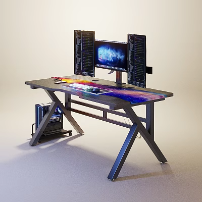 Modern Gaming Desk With Dual Monitors Colorful LED Lighting Keyboard And Mouse 3d model