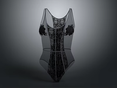 Elegant Black Lace Bodysuit with Floral Embroidery and Sheer Mesh Details 3d model
