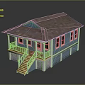 Small Blue House Model With Red Roof White Porch Railings And Wooden Stairs