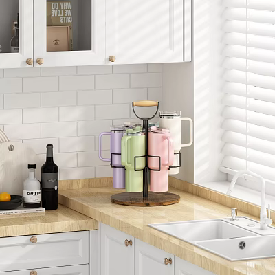 Colorful Kitchen Counter With Mug Rack Holding Pastel Cups And Wine Bottle Decor 3d model
