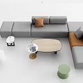 Modern Sofa and Coffee Table Set with Gray Orange Cushions Wooden Top and Metal Legs