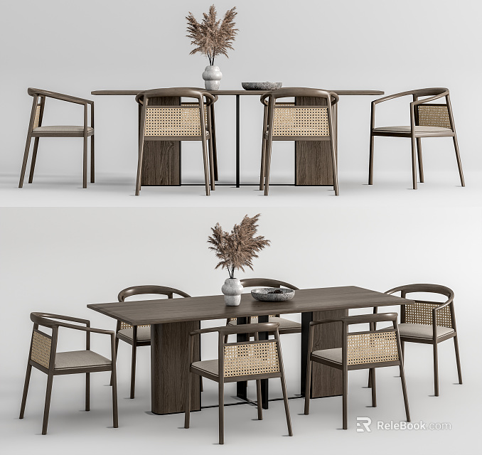 Minimalist Wooden Dining Table Set With Rattan Chairs And Decorative Vase 3d model 