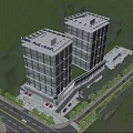 Modern Commercial Street with Tall Buildings Greenery Shops and Surrounding Roads