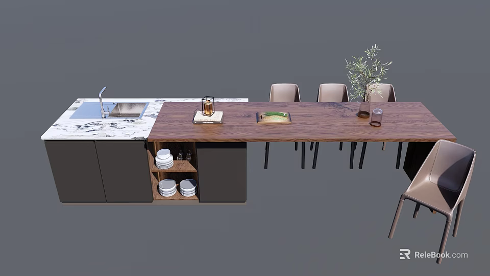 Modern Dining Table Set With Wooden Top Chairs Kitchen Counter And Tableware Plant 3d model 