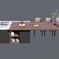 Modern Dining Table Set With Wooden Top Chairs Kitchen Counter And Tableware Plant