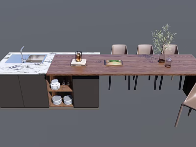 Modern Dining Table Set With Wooden Top Chairs Kitchen Counter And Tableware Plant 3d model