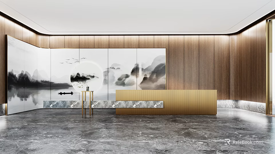 Hotel Lobby Interior Design With Chinese Landscape Painting And Marble Reception Desk 3d model 