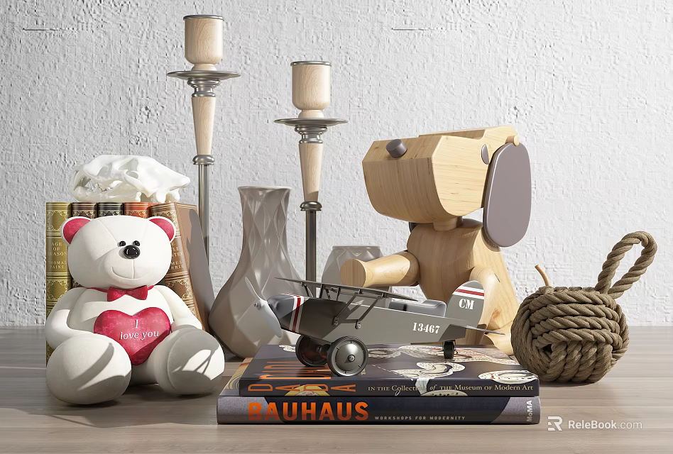 Decorative Ornament Set Including Teddy Bear Candle Holders Wooden Dog Airplane Model And BAUHAUS Book 3d model 