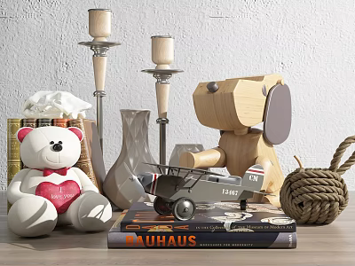Decorative Ornament Set Including Teddy Bear Candle Holders Wooden Dog Airplane Model And BAUHAUS Book 3d model