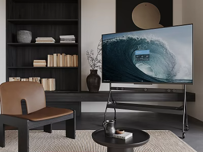 TV Displaying Ocean Wave In Modern Living Room With Brown Leather Chair Dark Wooden Bookshelf 3d model