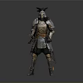 Medieval Warrior Man Standing in Detailed Metallic Armor with Horned Helmet and Chainmail