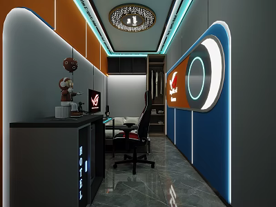 Modern Workspace Interior With Computer Desk LED Lights Chair And Decorative Elements 3d model
