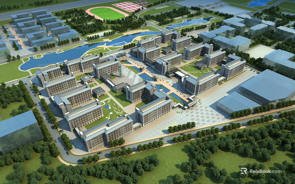 Aerial View Of School Building Complex With Green Lawns Water Features And Sports Field 3d model 