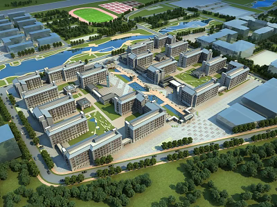Aerial View Of School Building Complex With Green Lawns Water Features And Sports Field 3d model