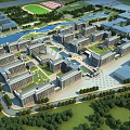Aerial View Of School Building Complex With Green Lawns Water Features And Sports Field