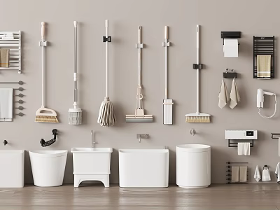 Essential Bathroom Accessories With Cleaning Tools Storage Racks Towel Holders Trash Bins And Sinks 3d model