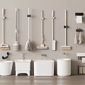 Essential Bathroom Accessories With Cleaning Tools Storage Racks Towel Holders Trash Bins And Sinks