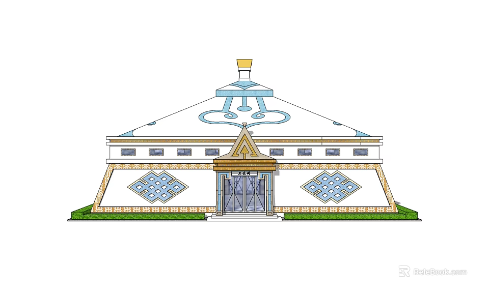 Mongolian Yurt Style Building With White Dome Golden Accents Blue Patterns Diamond Windows And Steps 3d model 