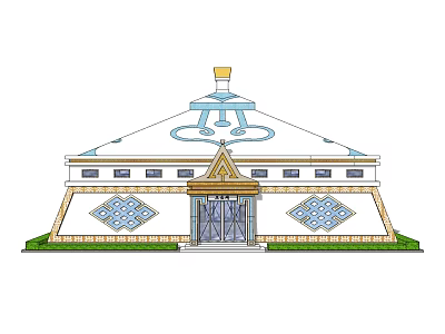 Mongolian Yurt Style Building With White Dome Golden Accents Blue Patterns Diamond Windows And Steps 3d model