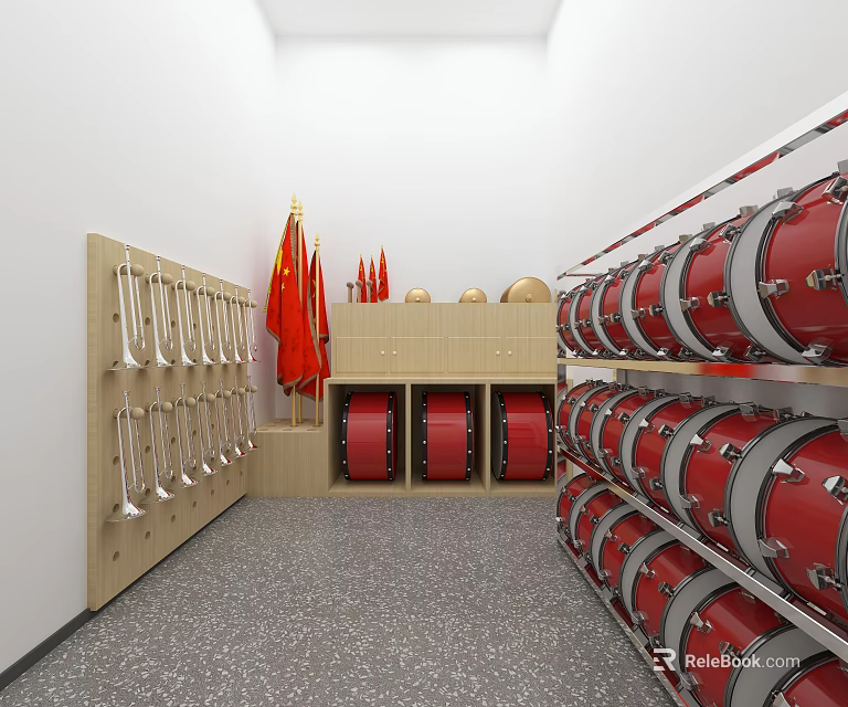 Musical Instruments and Art Supplies Storage With Red Drums on Shelves and Hanging Tools 3d model 