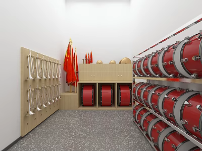 Musical Instruments and Art Supplies Storage With Red Drums on Shelves and Hanging Tools 3d model