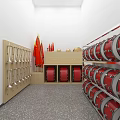 Musical Instruments and Art Supplies Storage With Red Drums on Shelves and Hanging Tools