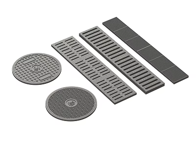 Various Metal Drainage Covers With Round Manhole And Rectangular Grating Panels 3d model