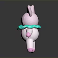 Cute Pink Rabbit Plush Toy With Big Black Eyes And Blue Bow On Reflective Surface