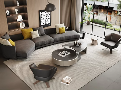Modern Sofa And Coffee Table Set With Gray Sectional Yellow Pillows Accent Chairs Area Rug 3d model