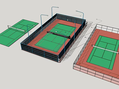 Outdoor Tennis Courts With Green Red Surfaces Fencing And Lighting Poles For Sports Fitness 3d model