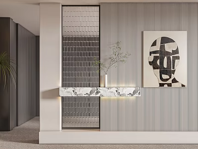 Modern Room Divider With Grid Design Marble Countertop And Vertical Stripe Wall Decorative Painting 3d model