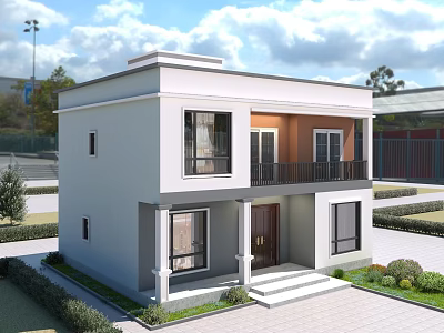 Modern Two Story Detached Villa White Exterior With Balcony Front Porch Steps And Landscaped Garden 3d model