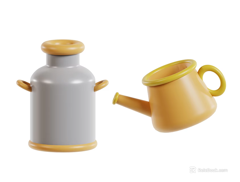Stylish Decorative Ornament Set With Gray Jar And Yellow Watering Can 3d model 