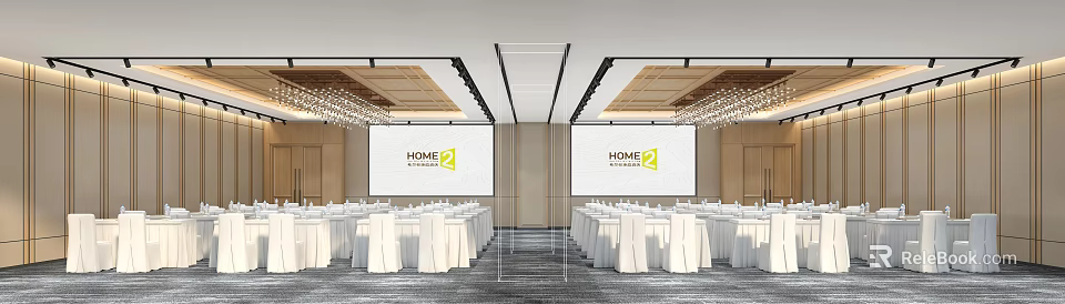 Modern Meeting Room Interior With Dual Projection Screens White Tables And Chairs Modern Ceiling Decor 3d model 