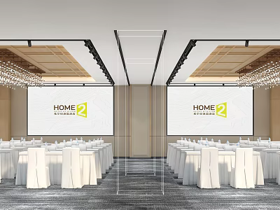 Modern Meeting Room Interior With Dual Projection Screens White Tables And Chairs Modern Ceiling Decor 3d model