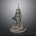 Fantasy Lighthouse Model With Spiral Staircase Glowing Windows Dragon Decoration And Rock Base