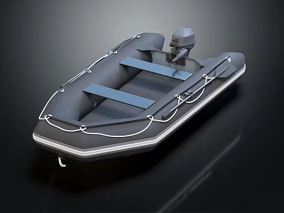 Gray Inflatable Boat With Motor Seats And Ropes On Black Surface 3d model