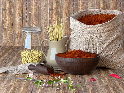 Red Dried Spices and Noodles in Hessian Sack Wooden Bowl Glass Jar and Milk Jug 3d model