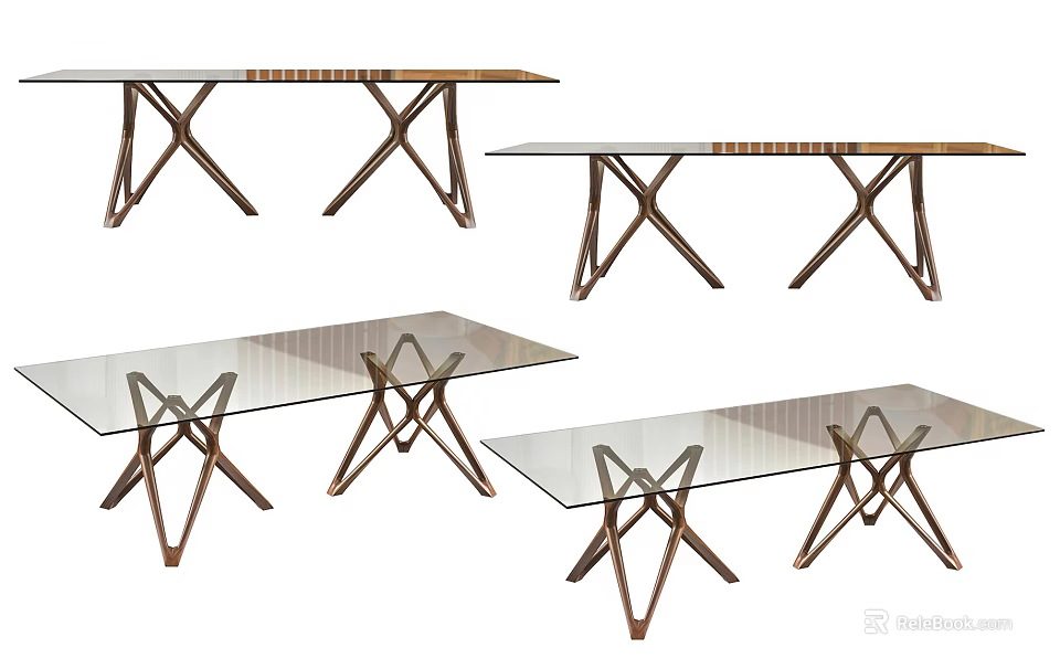 Modern Glass Top Dining Tables With Crossed Wooden Legs And Unique Design 3d model 
