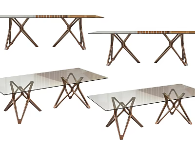 Modern Glass Top Dining Tables With Crossed Wooden Legs And Unique Design 3d model