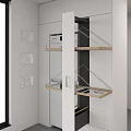 Modern Laundry Room Interior Featuring Washing Machine Dryer And Wooden Shelves