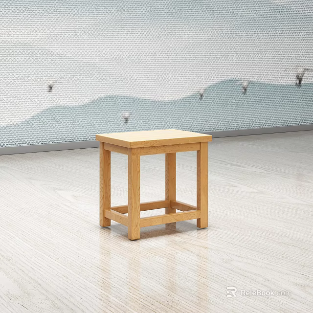 Minimalist Wooden Stool With Simple Design In Modern Interior Wavy Tile Wall And Light Floor 3d model 