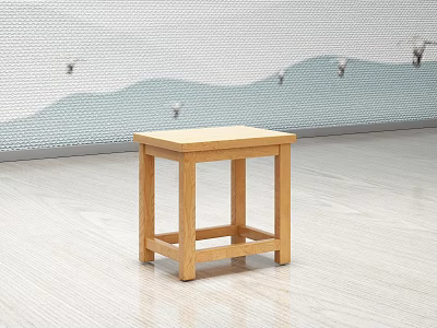 Minimalist Wooden Stool With Simple Design In Modern Interior Wavy Tile Wall And Light Floor 3d model