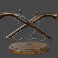 Vintage Crossed Pistols Display On Wooden Base With Metal And Carved Wooden Components