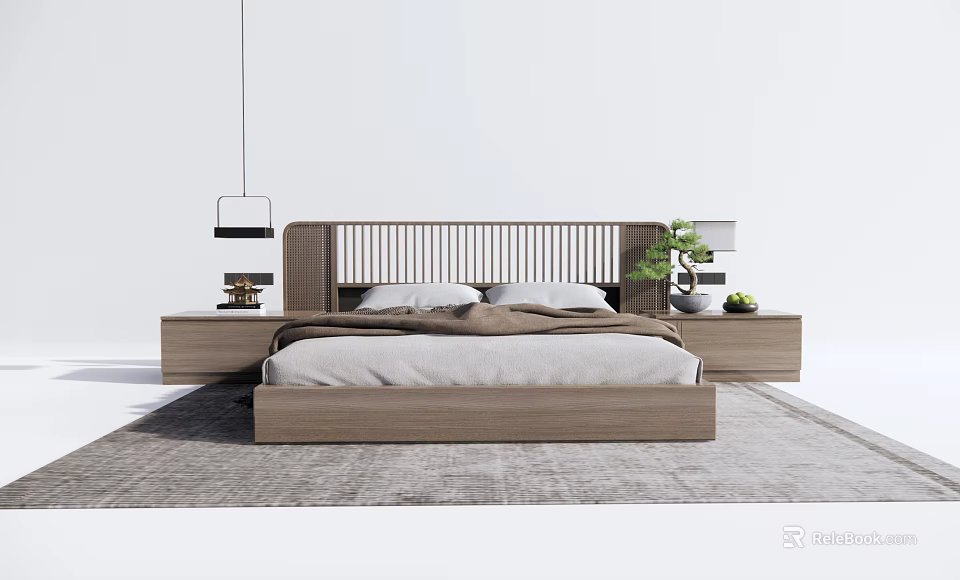 Modern Double Bed With Wooden Slatted Headboard Bedside Tables Green Plant Rug And Pendant Light 3d model 
