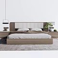 Modern Double Bed With Wooden Slatted Headboard Bedside Tables Green Plant Rug And Pendant Light