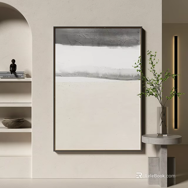 Modern Minimalist Abstract Painting With Gray White Beige Tones Green Plant Shelf And Small Statue 3d model 