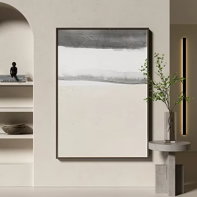 Modern Minimalist Abstract Painting With Gray White Beige Tones Green Plant Shelf And Small Statue 3d model