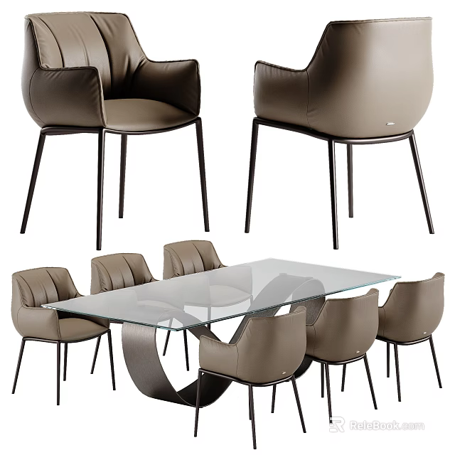 Modern Glass Top Dining Set With 6 Beige Leather Chairs And Black Legs 3d model 